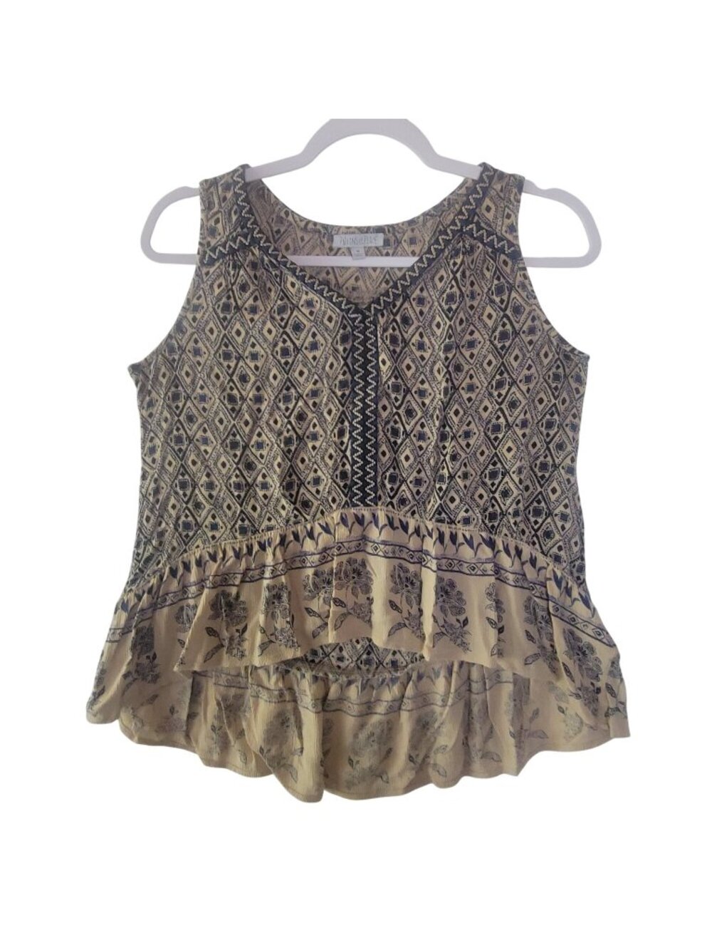 Patrons Of Peace Womens Sleeveless Rayon Top With Boho Print & Ruffle Hem Festiv
